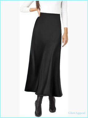 Satin High Waist Maxi Skirt A-Line Long Skirt Midi Elastic Waistband